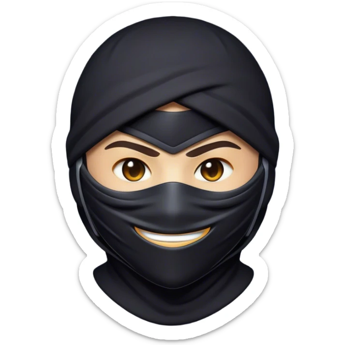 Clash of Clans aesthetic Playful Ninja Portrait Emoji, Head tilted with a sly, cheeky grin and twinkling eyes visible under a stylish mask, featuring a compact, nimble build in streamlined dark attire, his natural skin tone adding realism, Simplified yet irresistibly charming features, highly detailed, glowing with a warm, mysterious glow, high shine, spirited and lively, stylized with a touch of whimsical stealth, soft glowing outline, capturing the essence of a playful ninja exuding friendly covert energy! sticker