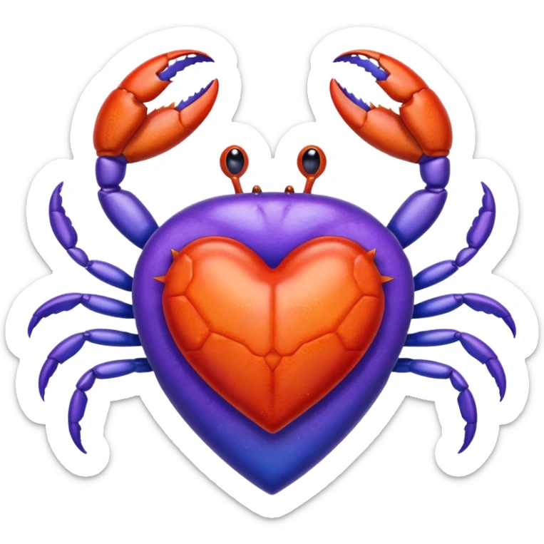 A heart with a crab on top of it, and the color of the heart is between blue and purple. sticker
