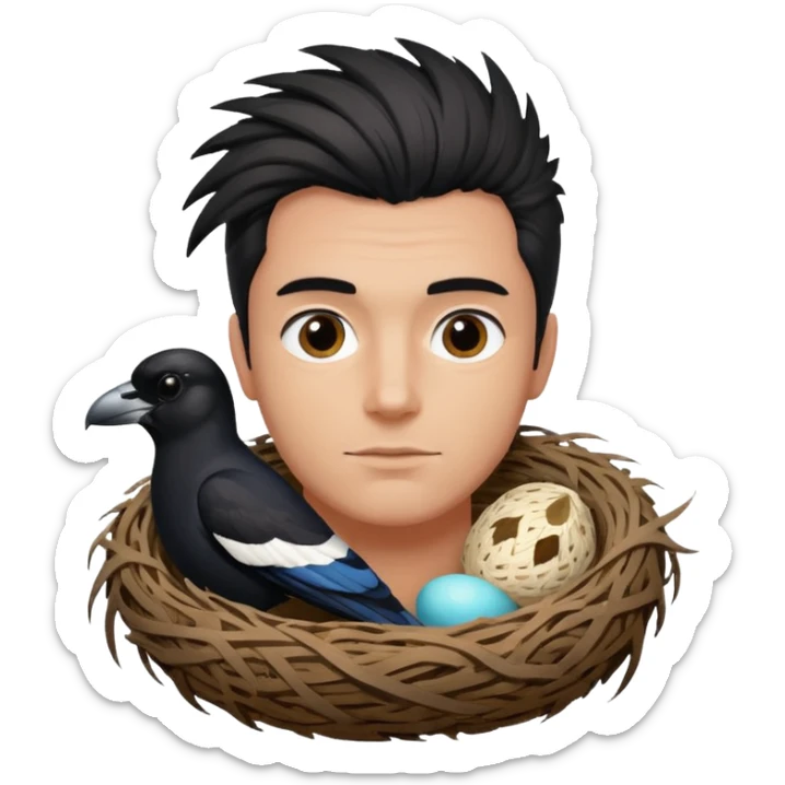 A man who has hair on the top of his head, that is actually an Australian Magpie, birds nest. sticker