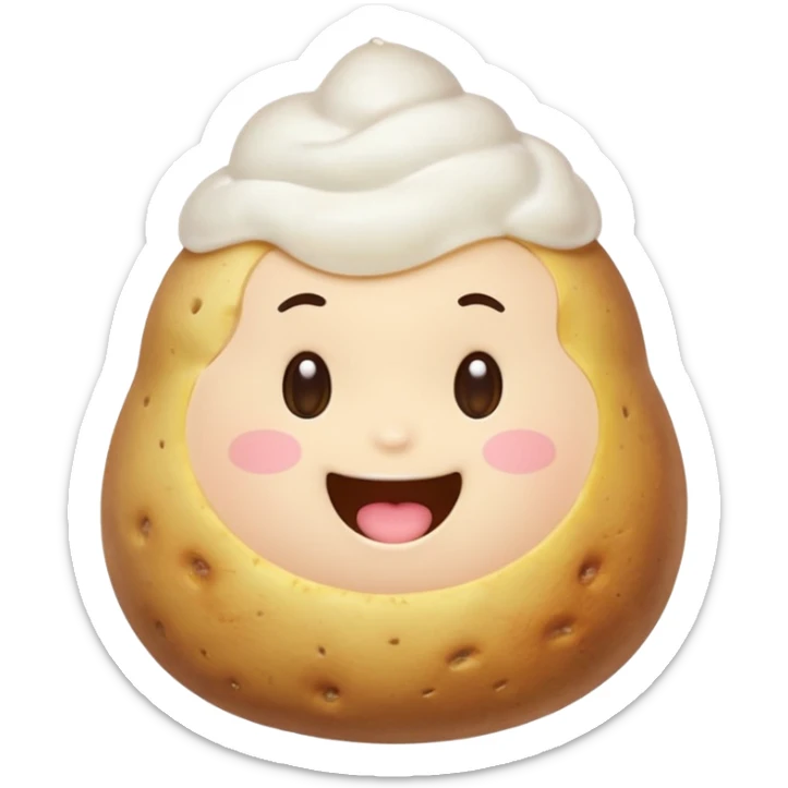 kawaii emoji character with a round face, sparkling eyes, and a happy smile, eating a steaming potato, soft pastel colors, blushing cheeks, LINE/Kakao Friends style sticker