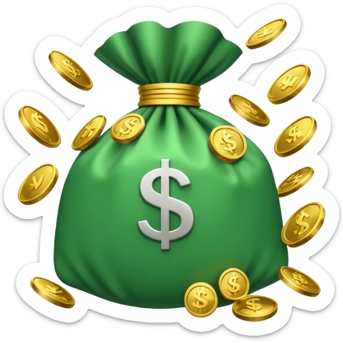 

3D emoji style, big bag of money, flying dollar bills, rich casino vibe, smooth lighting, high detail, clean edges, transparent background



 sticker