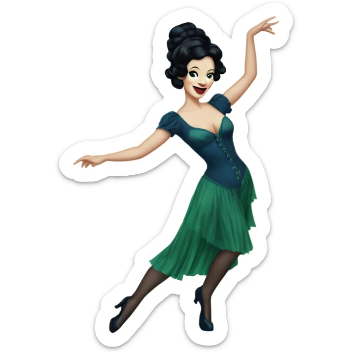 Burlesque dancer with black hair, pale skin, and green eyes in a dark blue vintage costume dancing sticker