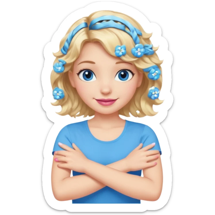Girl Blonde short wavy hair,  blue eyes, cute blue top, long lashes, pink lips, smiling, making cross arms with arms  sticker
