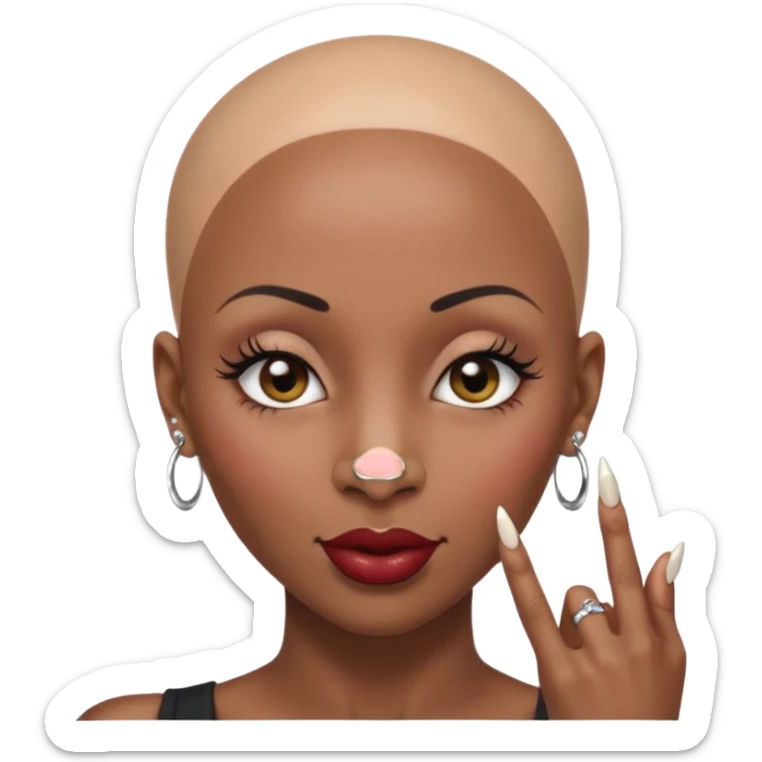 Grown black (proud) woman, bald with a perfect head, a prominent nose with a septum piercing, many piercings on her ears, a gap between her front teeth and very long nails (cynthia erivo) a proud lesbian, with long lashes and her finger tapping her head sticker