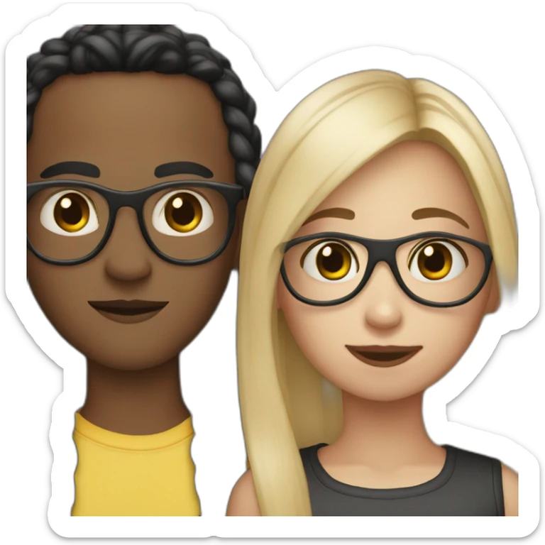 girl with bro2n long straight hair and black round glasses and bald boy sticker