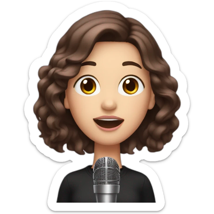 Caucasian woman with long dark brown hair and pink highlights, chubby, with a microphone singing, wearing a black sweater sticker