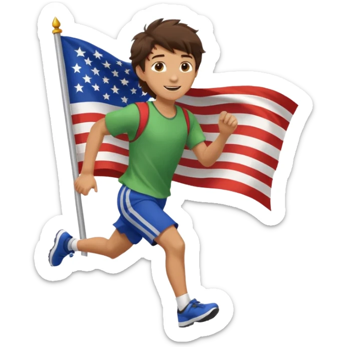A teen boy with messy brunette hair, running with a fluttering flag behind him. sticker