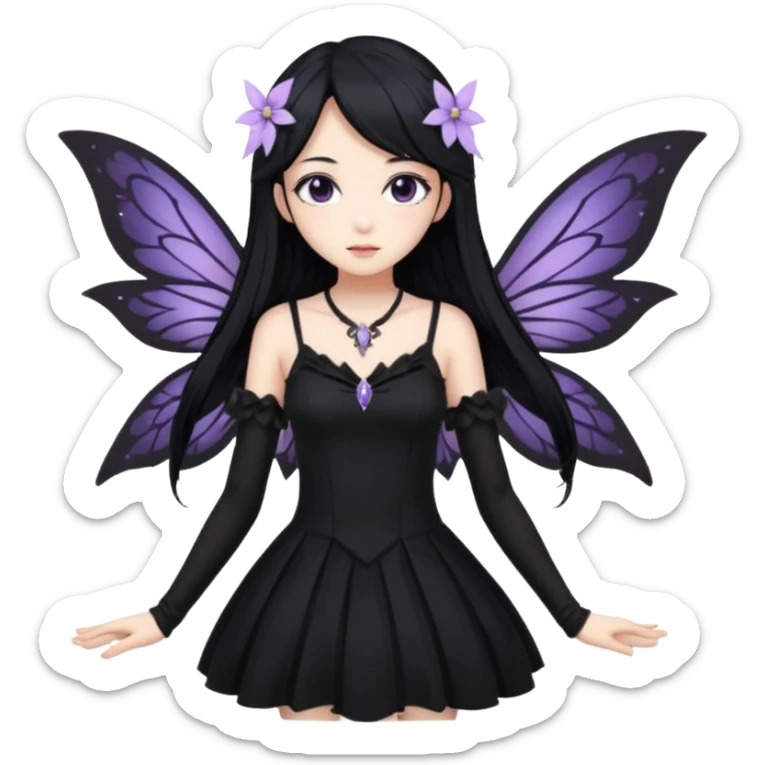 Gothic anime fairy with long beautiful black hair and black dress, pastelcore, sticker