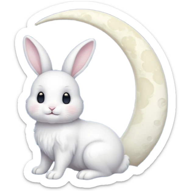 a white bunny in the foreground (no small details) and a large crescent moon in the background sticker