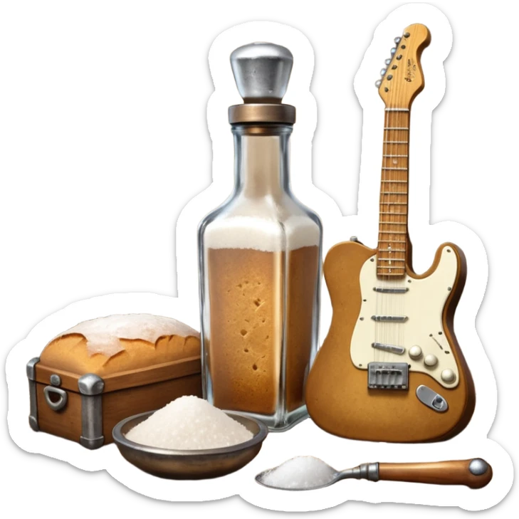 cinematic ultra HD steampunk victorian - a bottle of salt (salt shaker) and a loaf of peasant bread with a small electric telecaster guitar - still life composition sticker