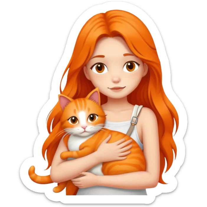 Fair skin girl with long hair - white sling - hugging a orange cat sticker