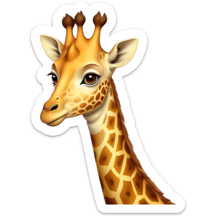 Cinematic Noble Giraffe Portrait Emoji, Poised and regal, with a towering, elegant build and a stunning, patterned Fur of warm yellows and browns, long, graceful neck and soulful, gentle eyes, Simplified yet sharp and sophisticated features, highly detailed, glowing with a soft, dignified glow, high shine, intelligent and graceful, stylized with an air of savannah majesty, focused and attentive, soft glowing outline, capturing the essence of a watchful and confident giant, so majestic it feels as though it could stretch out of the screen with effortless authority! sticker