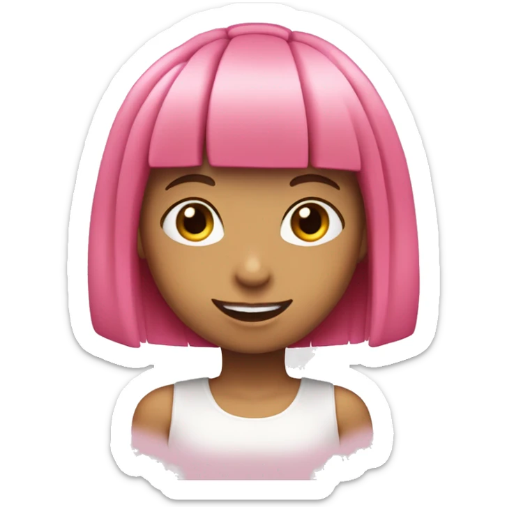girl with bob cut pink hair and fringe with pink eyes and happy smile sticker