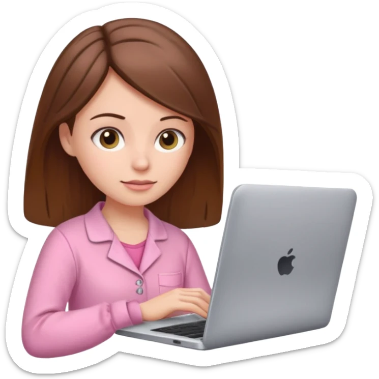 A brown hair, white skin woman at home with pink pajamas scrolling, with a laptop open to a work document sticker