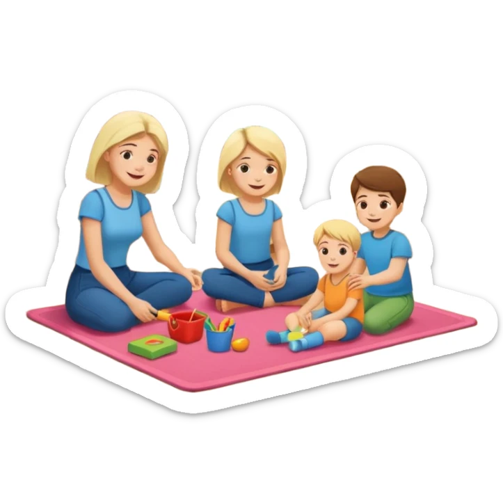 create a flat illustration of a children's room where the mother is sitting on the floor and two children are playing nearby sticker