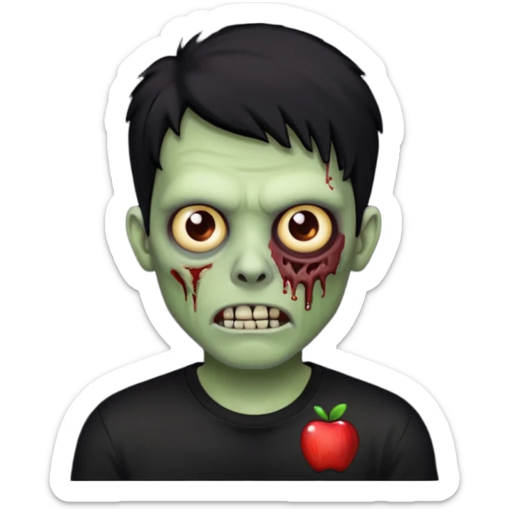 Zombie Emoji AppleIOS Style, lowfade Black Hair, and Black T-shirt sticker