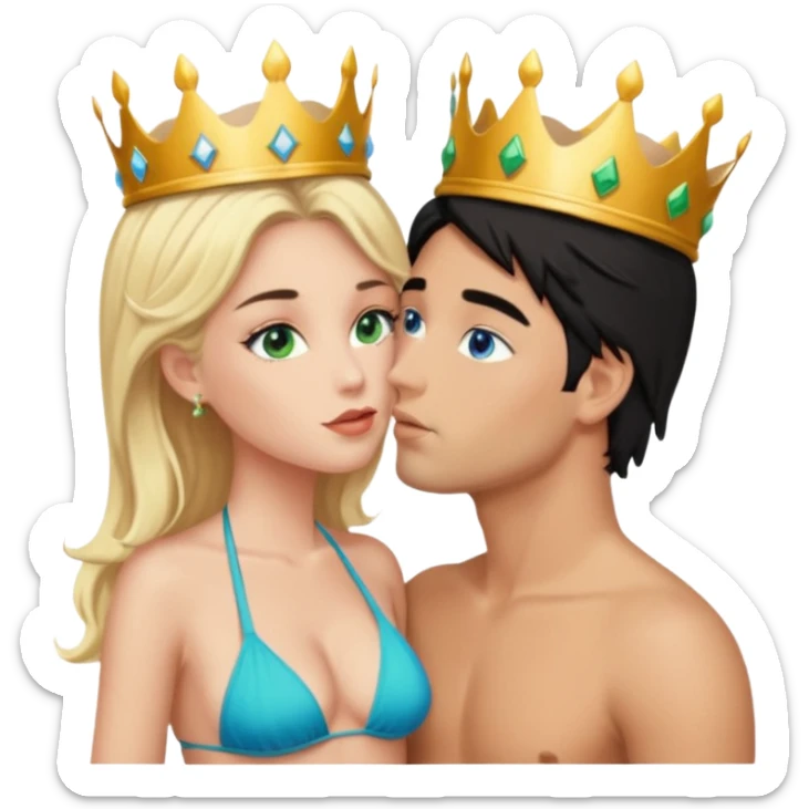 Blonde Queen with crownGreen eyes in Bikini kissing Male subject without crown black hair blue eyes Background sky sticker