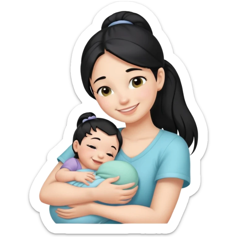black Ponytail girl hugs a newborn baby and a girl sticker