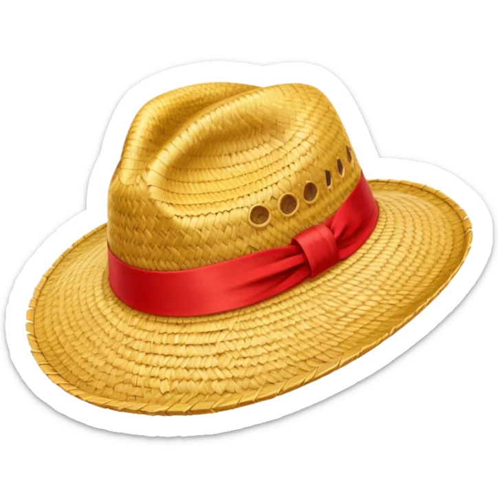 Luffy's iconic straw hat from One Piece, yellow straw hat with red ribbon band sticker