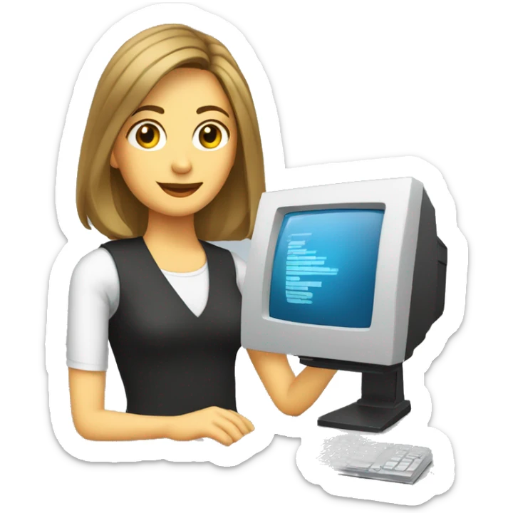 woman with dark blonde shoulder length hair holding a computer with Powerpoint on the screen of the computer sticker