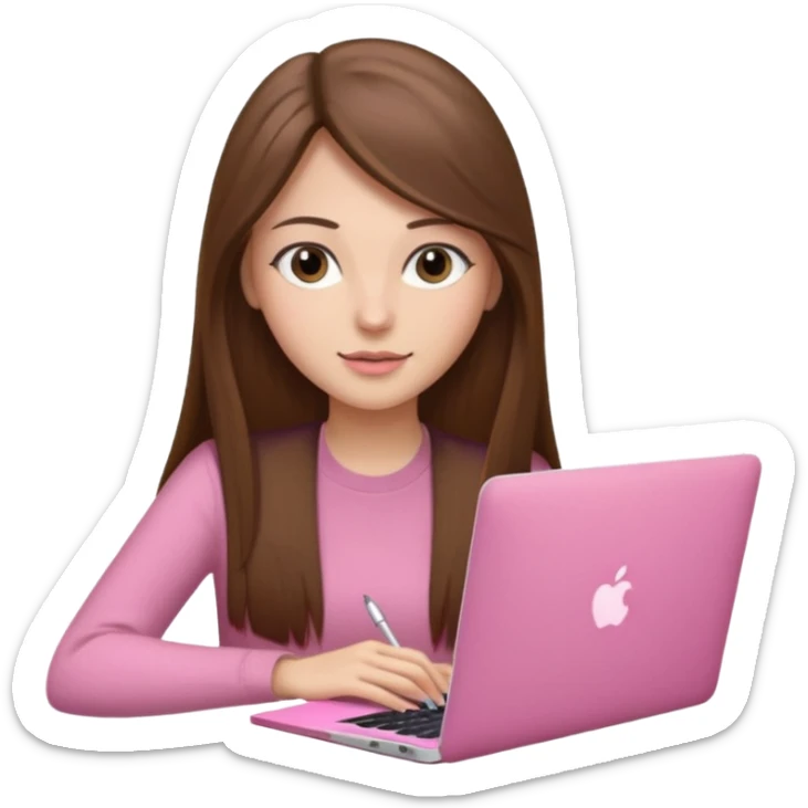 Mujer lacia peli larga y peli larga  en una MacBook rosa investigando y haciendo tareas con un libro de apuntes y con cara muy linda como modelo sticker