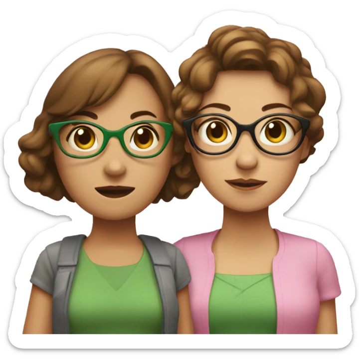 two women with short brown hair, holding hands, one woman is wearing glasses and wearing green, the other woman is wearing pink sticker