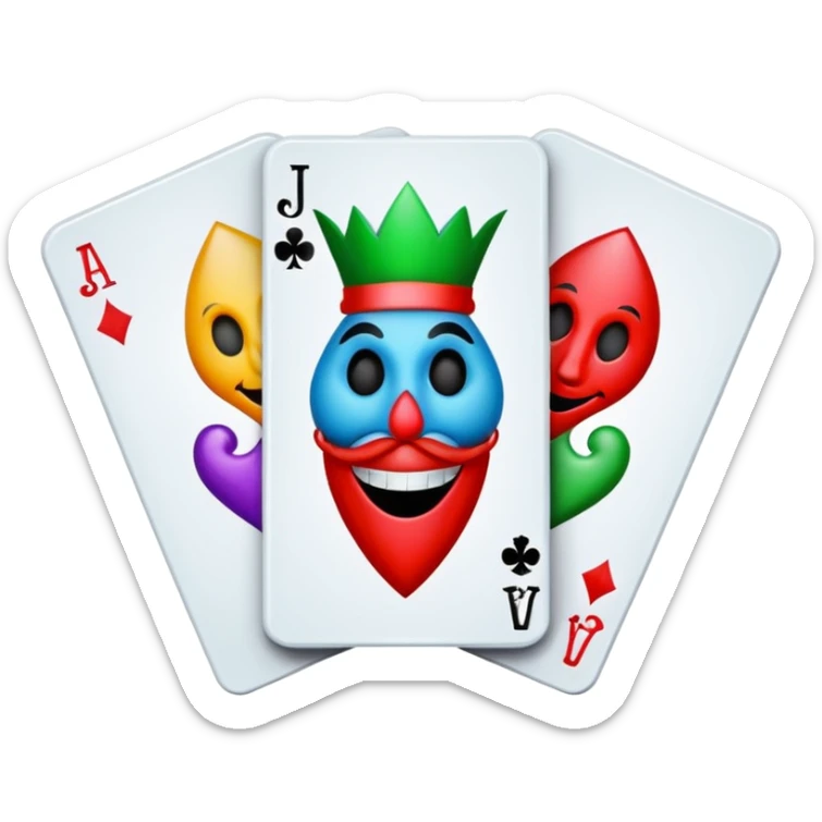 bunch of 3 poker cards, with crazy colorful jolly jokers inside, inversed face sticker