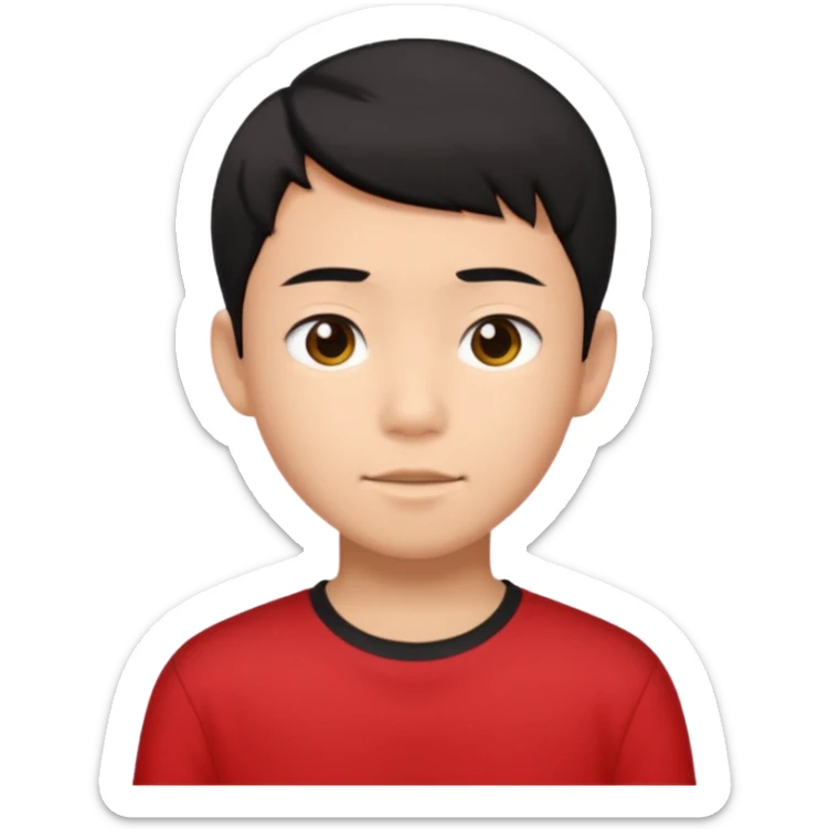 asian boy teenager black short hair red shirt sticker