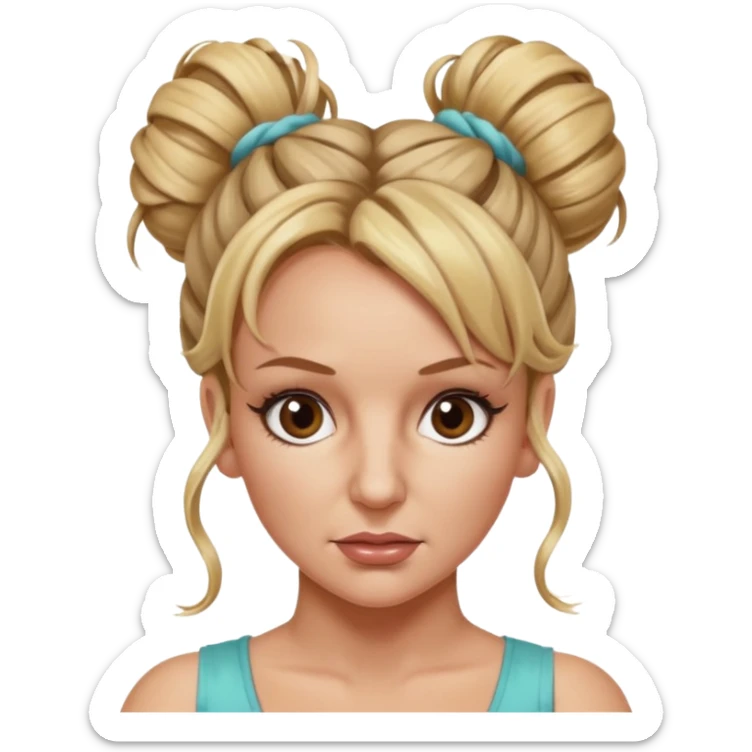 Britney Spears with big dead pan brown eyes and messy bun updo with lots of hairs hanging out. Headshot. sticker
