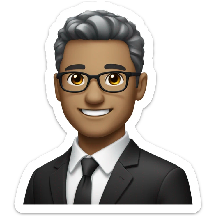 Portrait of an adult smiling man, fair skin, very short black-gray ombre hair, black eyes, wearing a black office suit and a white collared shirt underneath. sticker