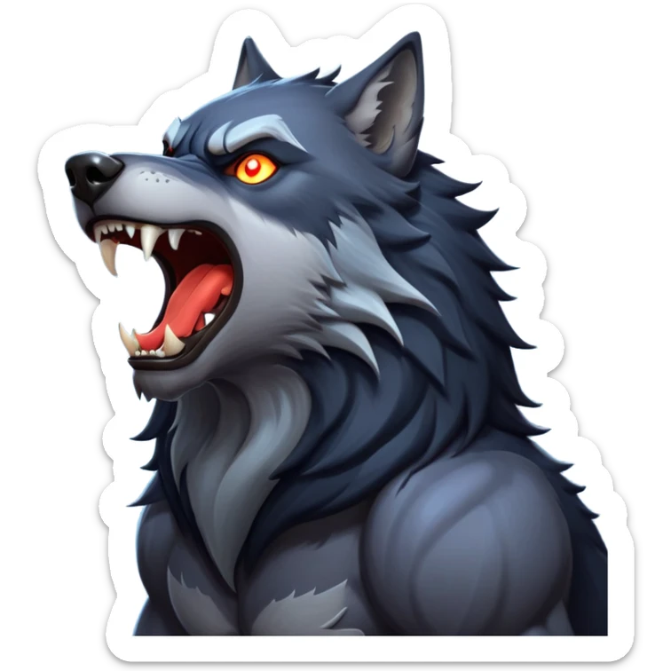 cinematic-noble-fierce-werewolf-howling-portrait-emoji, poised-and-imposing, with a fierce wolfish face tilted upwards in a haunting howl, glowing eyes full of primal ferocity, sharp, and a rugged snout, fur rippling in shades of midnight black and silver, muscles tensed as the powerful howl echoes beneath the moonlit sky; rendered with realism, capturing the raw, untamed power of the beast in its wild, primal state sticker
