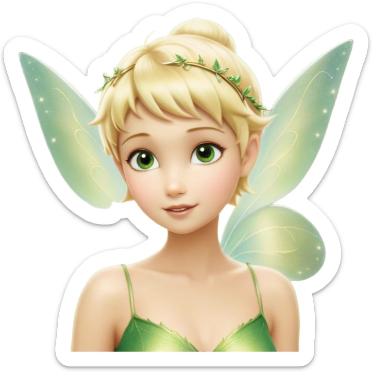 Cinematic Realistic Blonde Tinker Bell Fairy Portrait, depicted with lifelike, delicate skin glowing with a subtle radiant aura, soft natural lighting accentuating her gentle features, and intricately detailed golden blonde hair styled in a whimsical pixie cut. Her iridescent, translucent wings shimmer with delicate fairy dust, and her expressive, sparkling eyes reflect a world of magic. Adorned in a subtle blend of woodland greens and soft pastel accents, the portrait exudes an enchanting glow that seamlessly merges realism with fairy charm. sticker