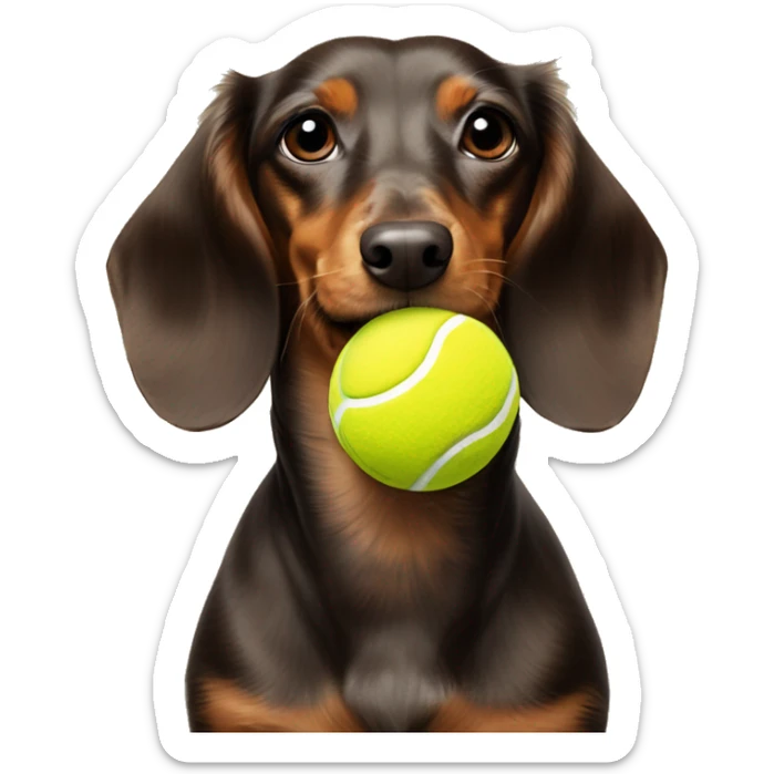 Brown and light brown long hair miniature dachshund with tung out and balancing a tennis ball on his head sticker