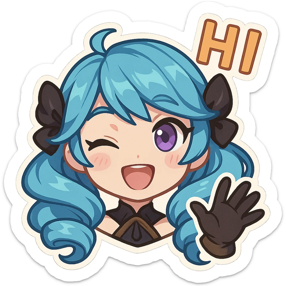 Gwen from League of Legends, chibi style, only head, right eye purple, one hand waving with glove, hi emote, excited and energetic, no text sticker