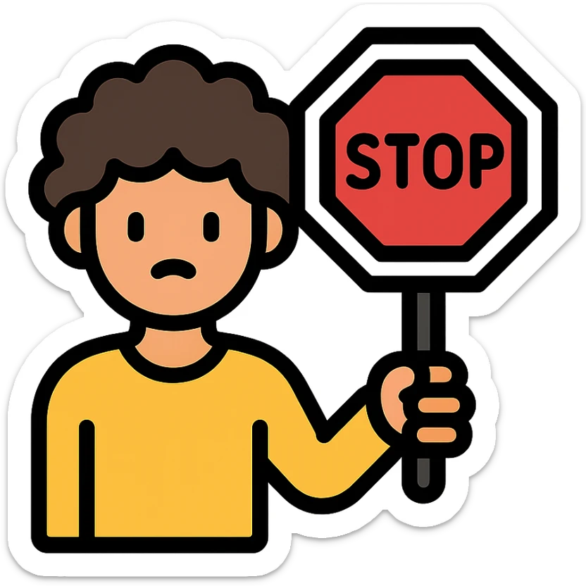 brunette person with curly hair holding a stop sign, color outline icon sticker
