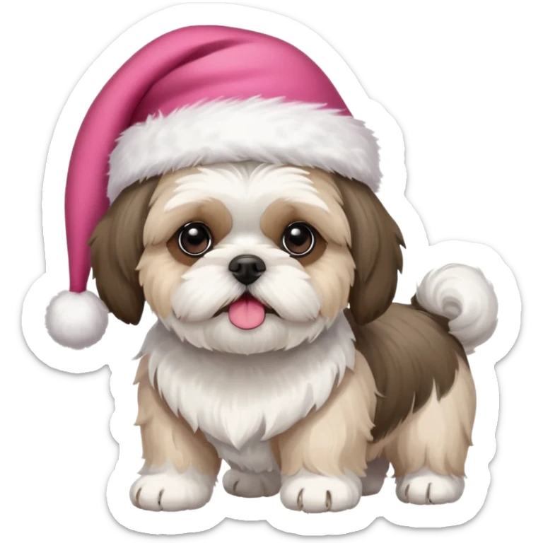one little white all over shih tzu dog with pink santa hat and one mostly white with black havanese dog wearing a red santa hat sticker