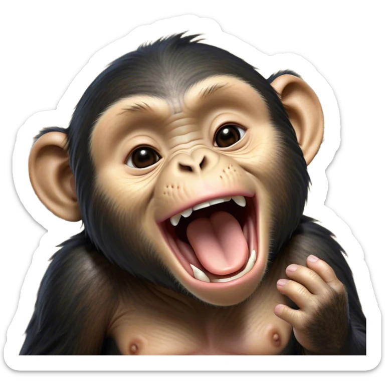 Cinematic Cute Yawning Chimpanzee Portrait Emoji, Head tilted slightly with a dramatic, wide-open yawn, showcasing a gently textured face with half-closed, drowsy eyes and an open, relaxed expression, Simplified yet irresistibly adorable features, highly detailed, glowing with a soft, cozy glow, high shine, relaxed yet expressive, stylized with a dash of whimsical primate charm, soft glowing outline, capturing the essence of a drowsy yet affectionate guardian that seems ready to stretch out for a nap! sticker