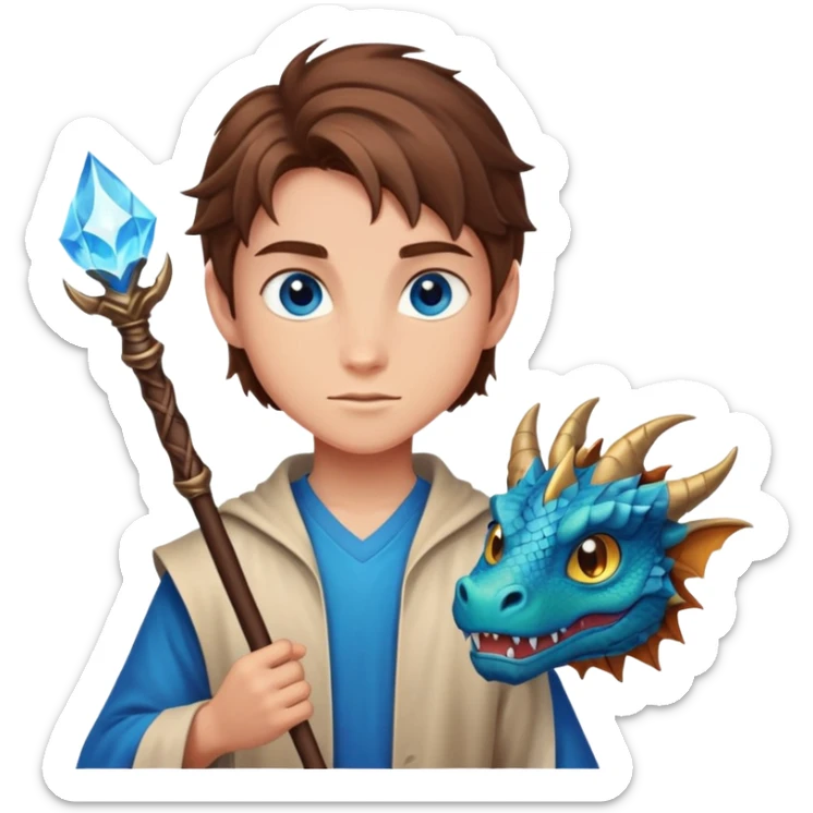 teenager with brown hair, blue eyes, magic staff, part dragon, tall, and strong sticker