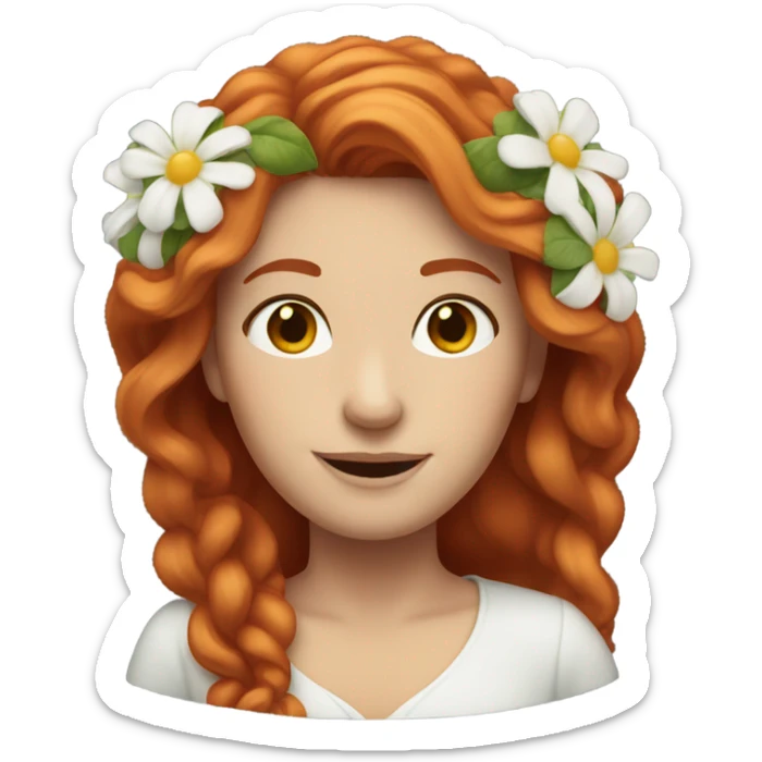 Long Red haired white woman with flowers in her hair with small smile sticker