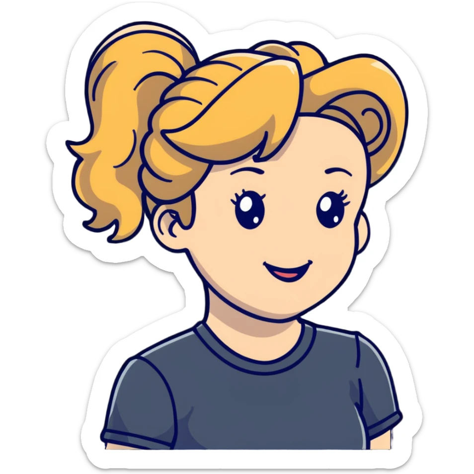 girl cruise director with curly dirty blonde hair in a ponytail, very happy sticker