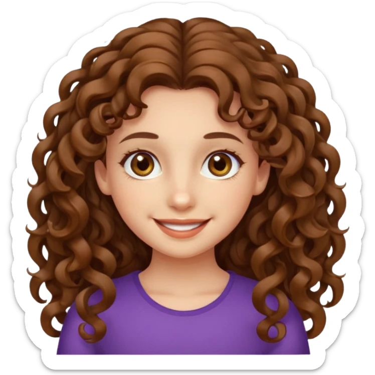 A girl with long curly brown hair, fair skin and beautiful hazel eyes, smiling.  sticker