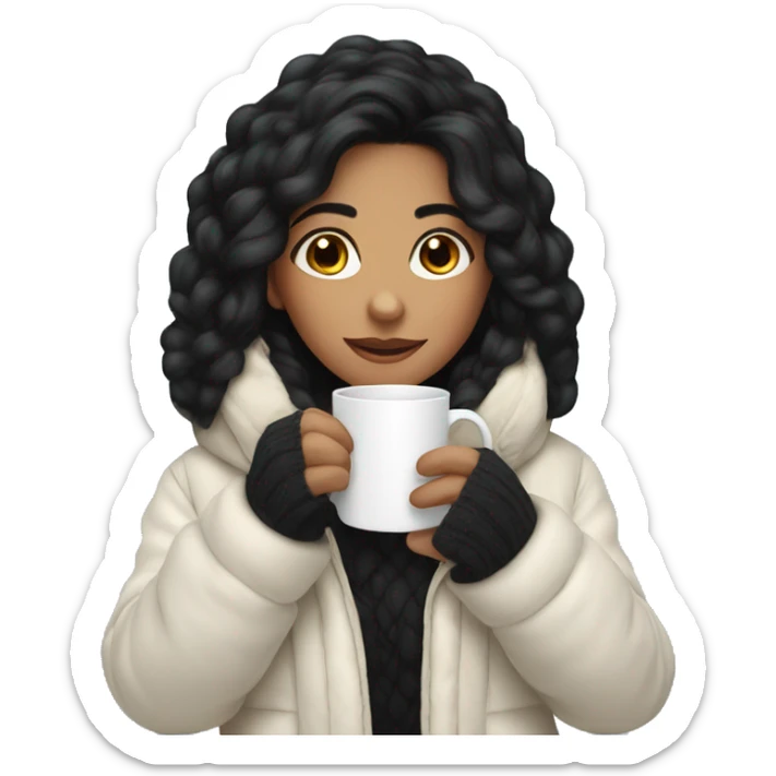 a girl with black hair drink a cup of tea at the winter sticker