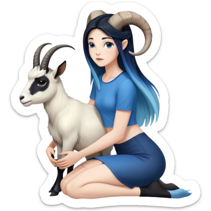 Art of a human white woman's very large perfect body scheme anatomy-very long straight black to blue hair ombre-small goat horns-lean back-on knees sticker
