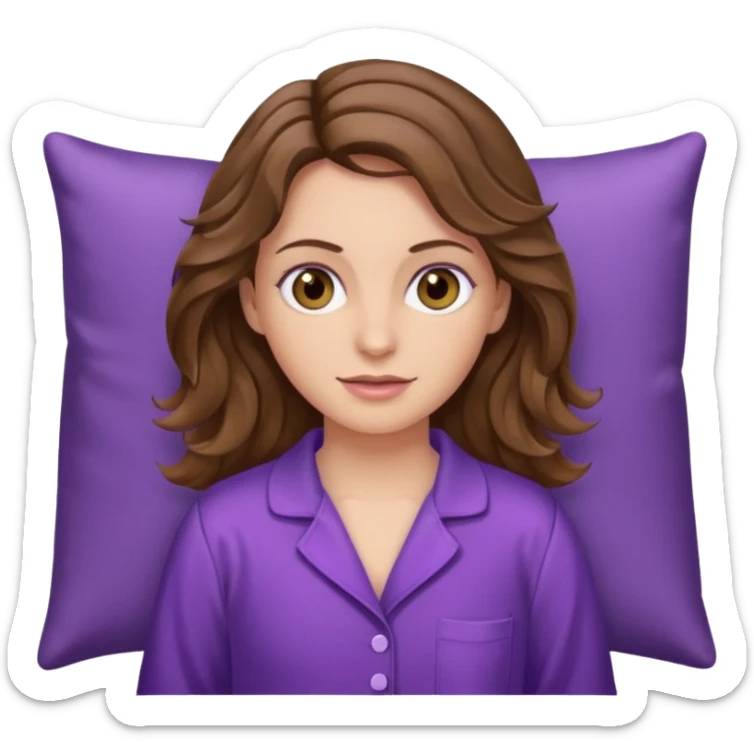 Mujer castaña ondulada blanca de ojos color miel con pijama morada sticker