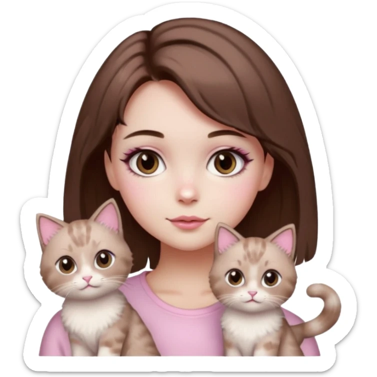 girl with short brown hair, pink soft girl aesthetic, cute makeup, skincare, sparkles, two light brown ragdoll cats sticker