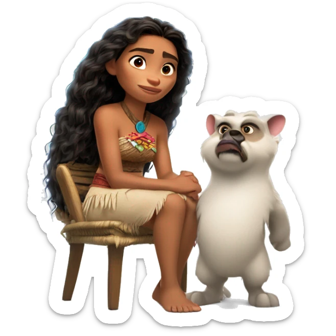 The hero Pua from the cartoon Moana sits on a chair. Moana is standing nearby. White background sticker