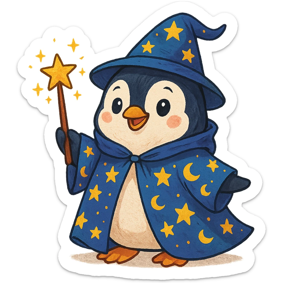 a cartoon penguin wizard with a starry cloak and wand, whimsical and colorful character illustration sticker