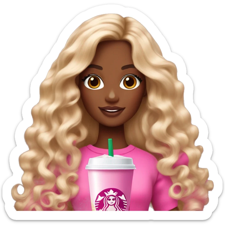 Barbie girl with brown and blonde ombré long curly hair holding Pink starbucks refresher sticker