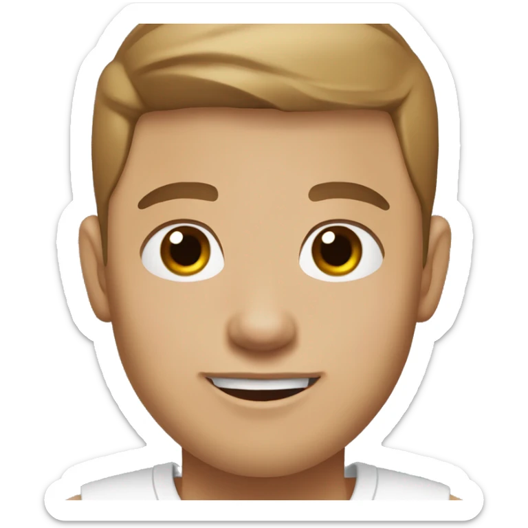 A guy with blue eyes, light skin, shaved brown hair under 0.5, white T-shirt,  silver earring piercing with cross on left ear. sticker