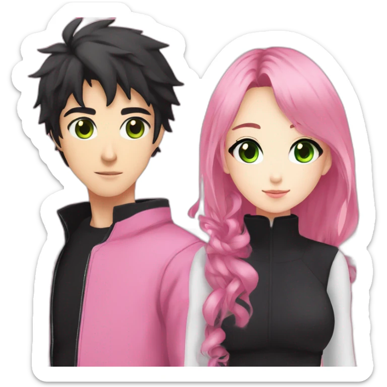 pretty anime girl with pink ninja clothes and cute makeup alongside a man that is taller than her in completely black clothing and has green eyes sticker